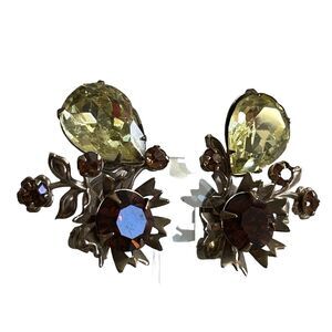 Vtg Juliana? Style Clip On Earrings Brown Green Floral Prong Set 1.5"